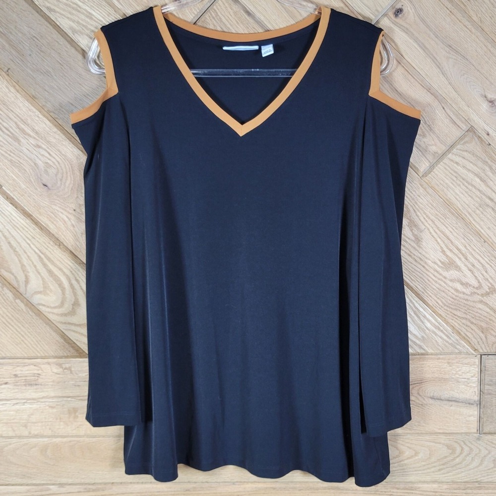 Susan Graver Womens Size XL Cold Shoulder V-Neck Tunic Top Black Brown Trim